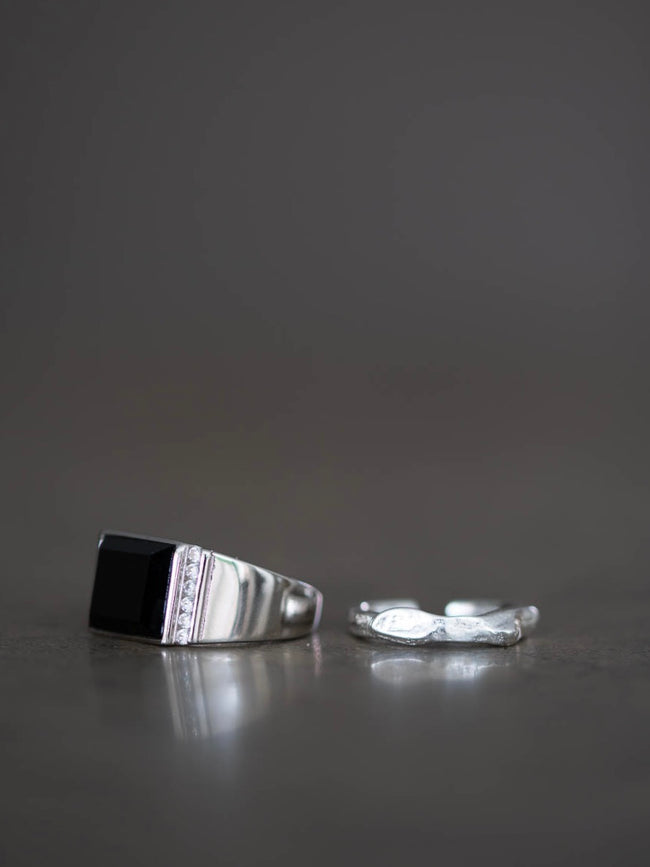 Sir Bax - Silver Ring with Black Onyx Stone and Zircon Stones