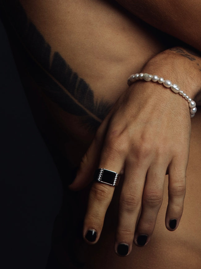Sir Bax - Silver Ring with Black Onyx Stone and Zircon Stones