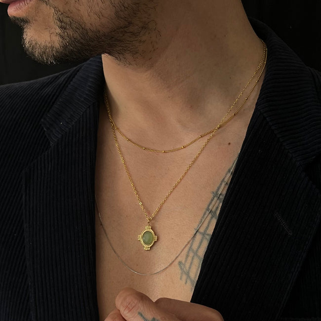 Mr Klein - Gold Necklace with Green Aventurine Oval Pendant